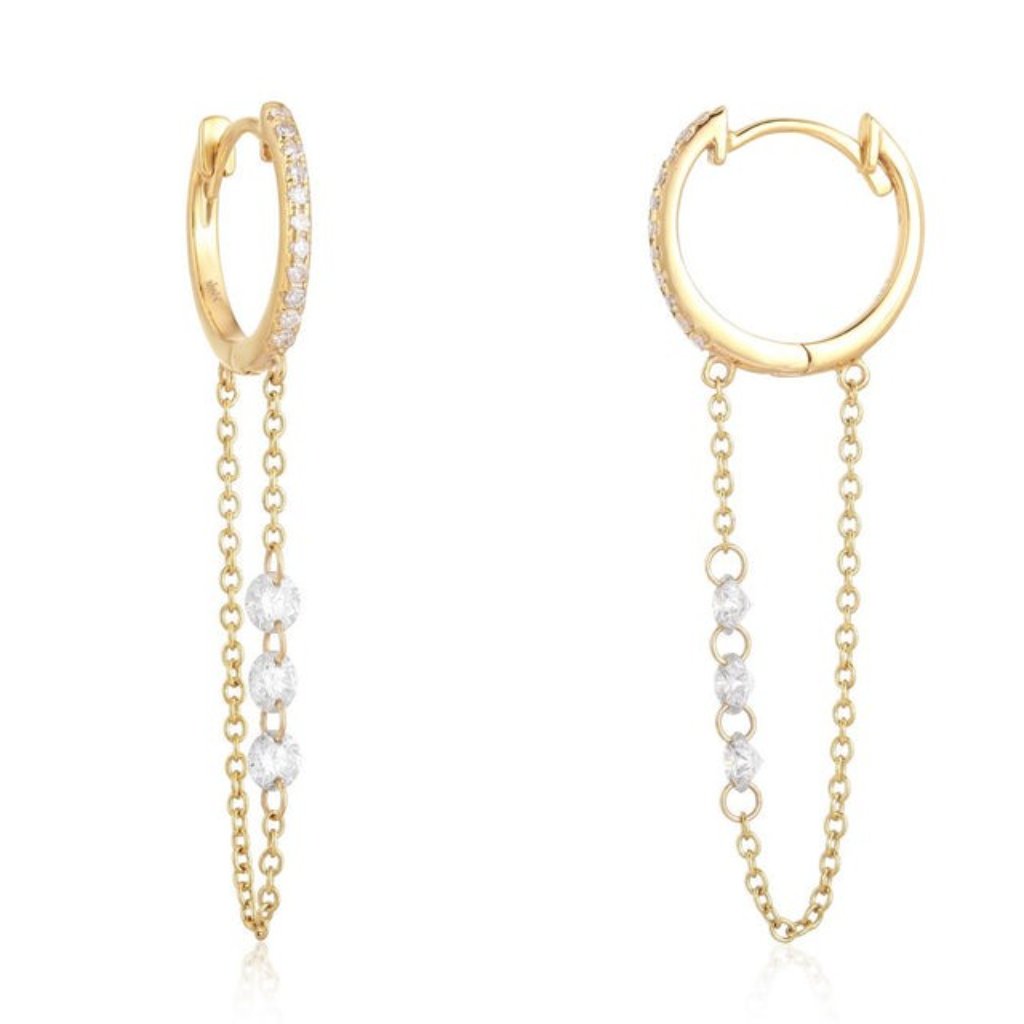 Linked Chain 14k (Or 18k Upon Request) Yellow Gold Diamond Huggie Earrings